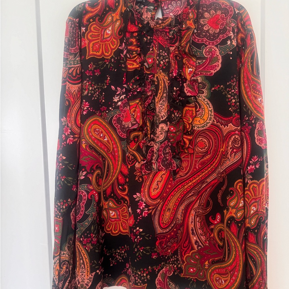 Zara Red Ruffled Graphic Blouse with Mandarin Collar XL
